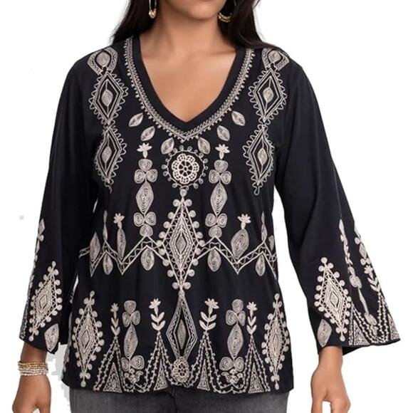 Johnny Was Liona V-Neck Kimono Sleeve Embroidered Top - Picture 1 of 9